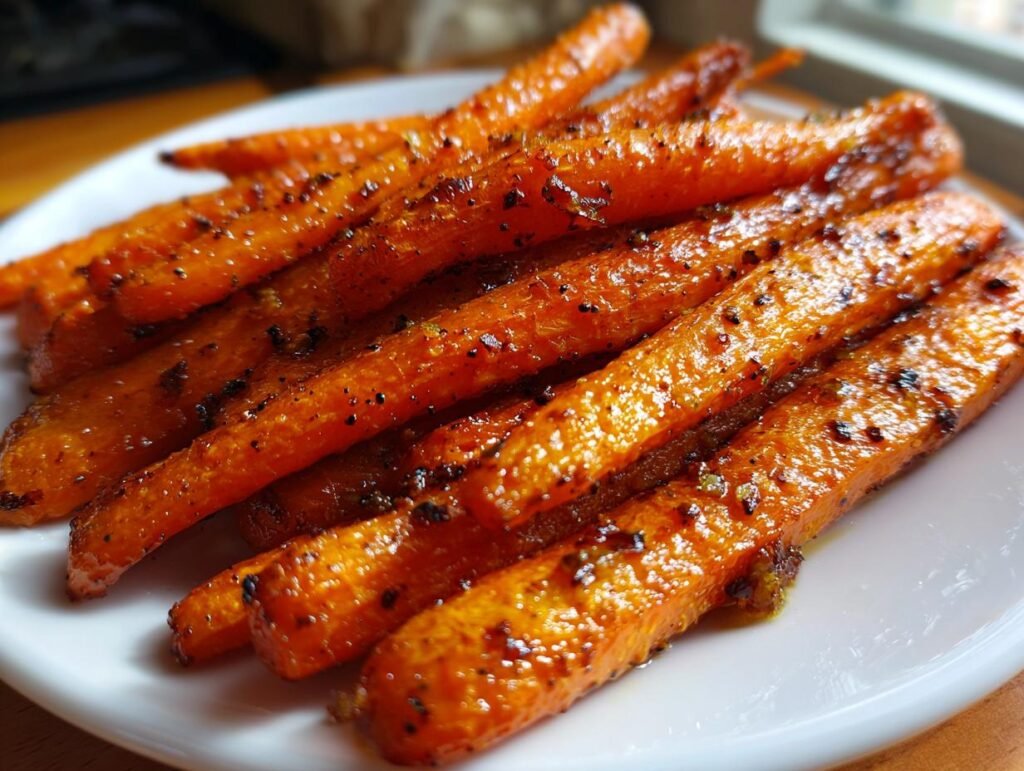 A close-up of glazed Honey Garlic Roasted Carrots on a white plate, showing the texture and seasoning.