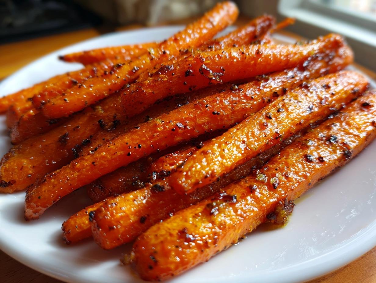 A close-up of glazed Honey Garlic Roasted Carrots on a white plate, showing the texture and seasoning.