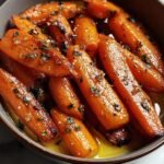 A close-up of glazed Honey Garlic Roasted Carrots in a bowl, garnished with herbs.