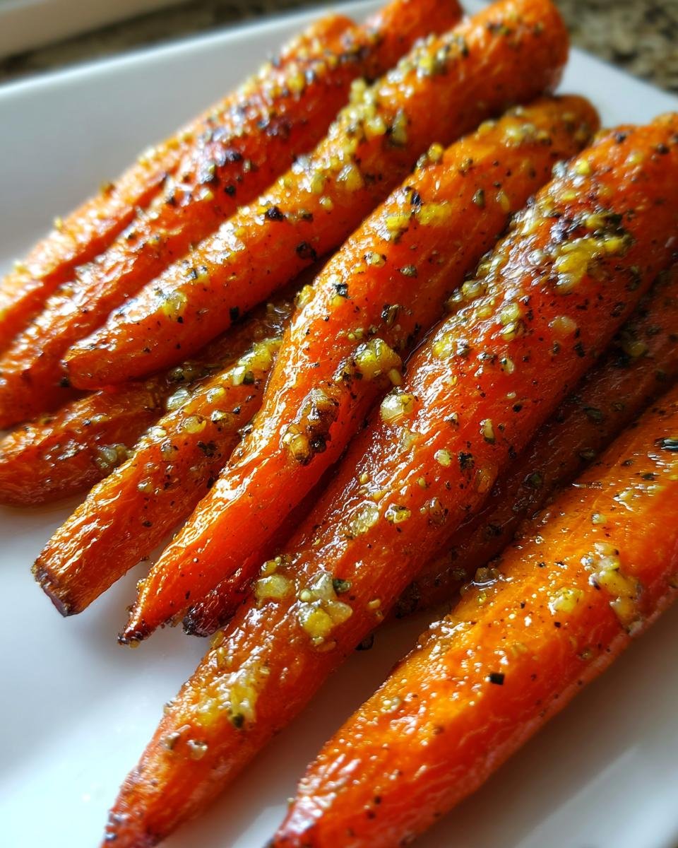 Close-up of glazed Honey Garlic Roasted Carrots on a white plate, showing the texture and glaze.