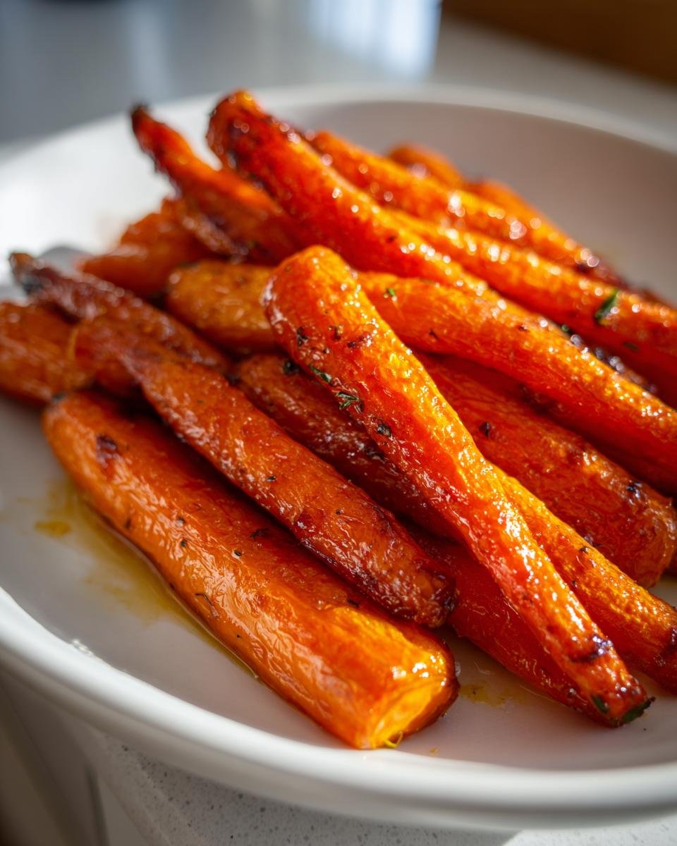 Close-up of glazed Honey Garlic Roasted Carrots on a white plate, showing their vibrant color and texture.