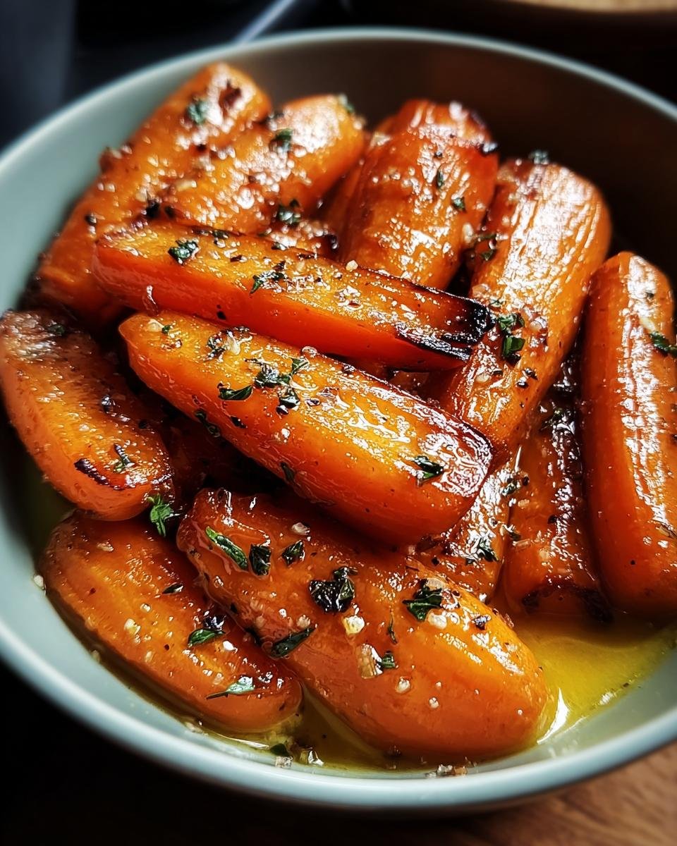 Close-up of a bowl filled with glazed Honey Garlic Roasted Carrots, garnished with herbs and seasonings.