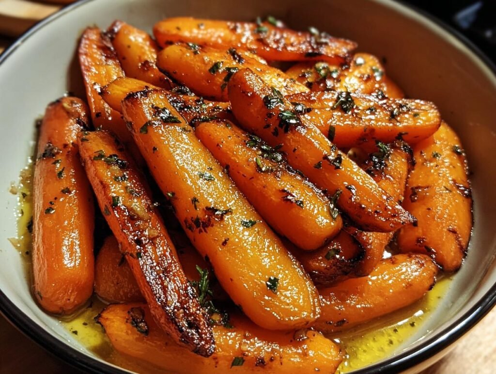 Close-up of glazed Honey Garlic Roasted Carrots in a serving bowl, garnished with herbs.