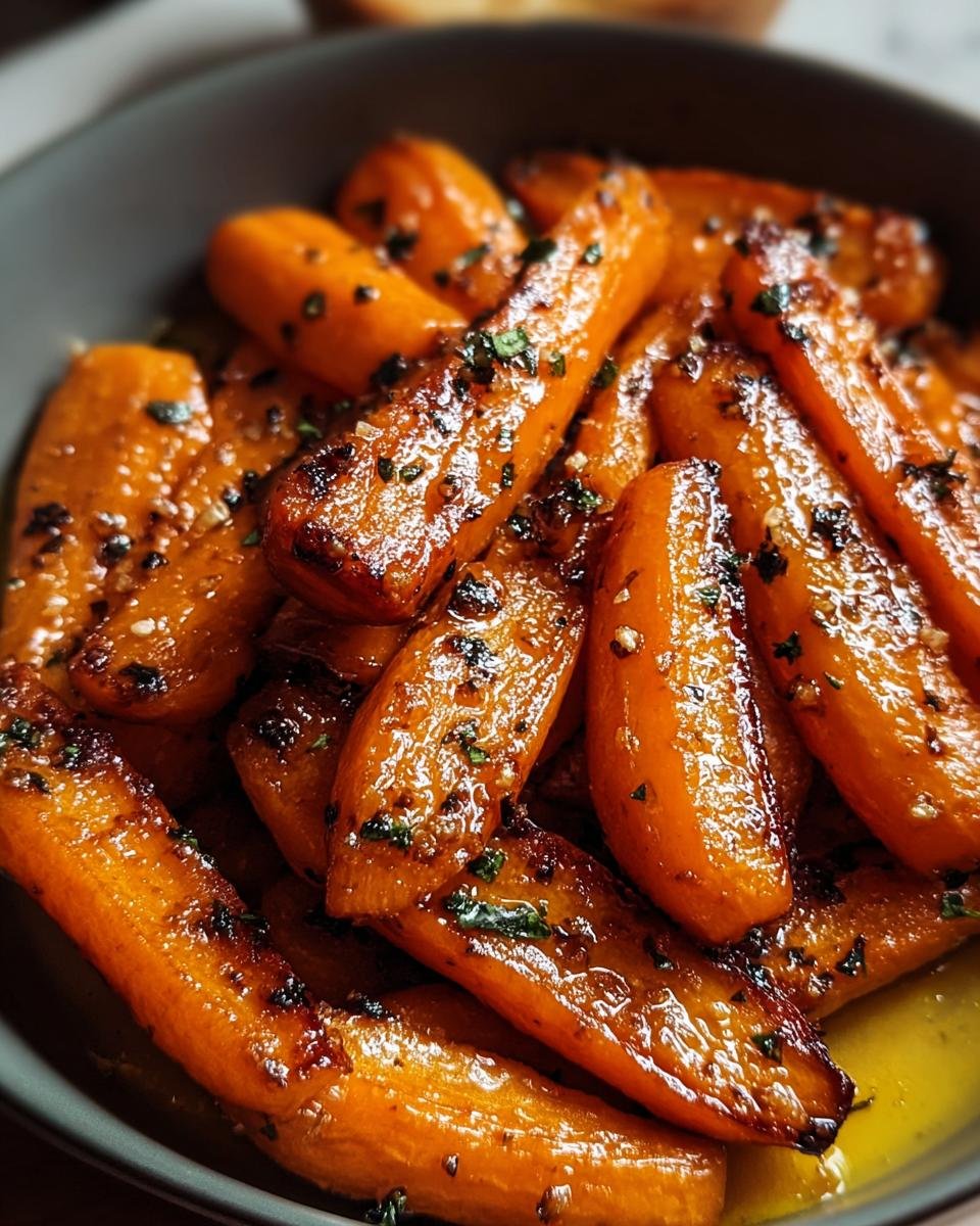 A close-up of glazed Honey Garlic Roasted Carrots in a bowl, garnished with herbs.