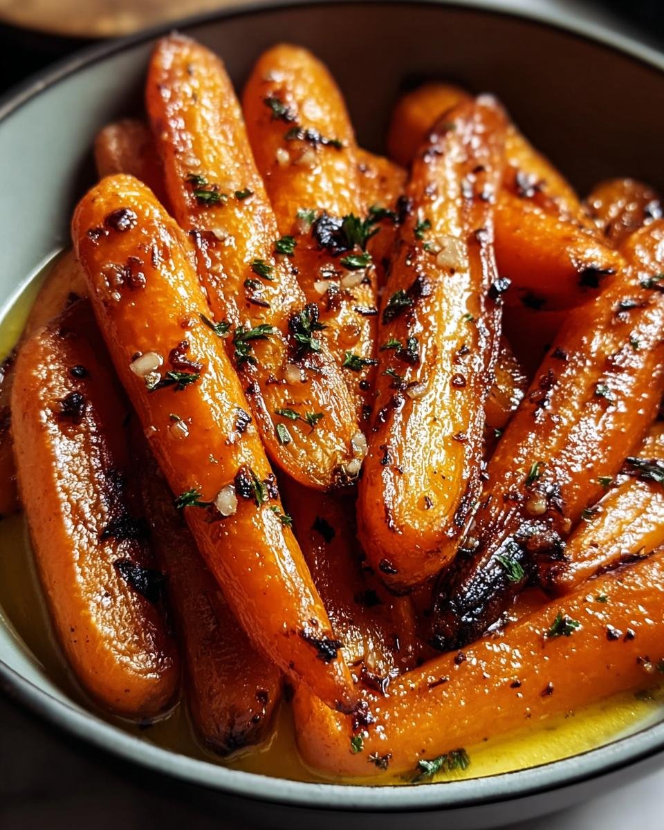 Close-up of a bowl filled with glistening Honey Garlic Roasted Carrots, garnished with herbs.