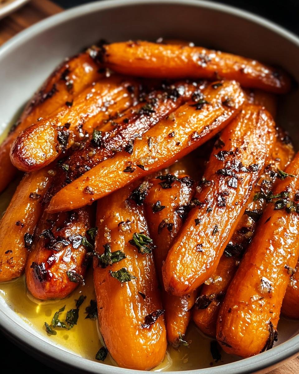 Close-up of glazed Honey Garlic Roasted Carrots in a serving bowl, garnished with herbs.