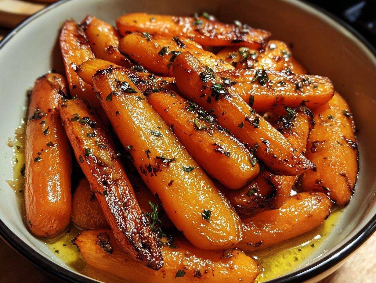 Close-up of glazed Honey Garlic Roasted Carrots in a serving bowl, garnished with herbs.