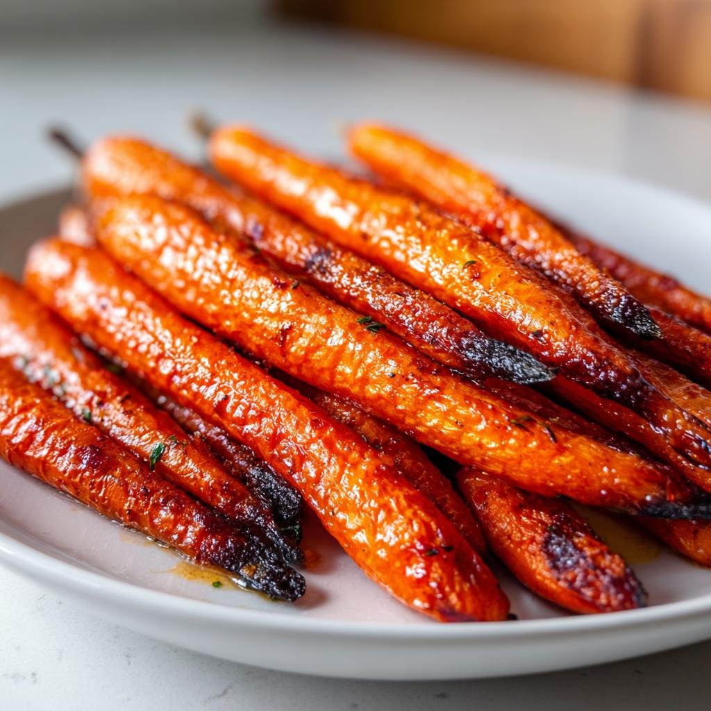 A plate of glistening Honey Garlic Roasted Carrots, showing their caramelized texture and vibrant color.