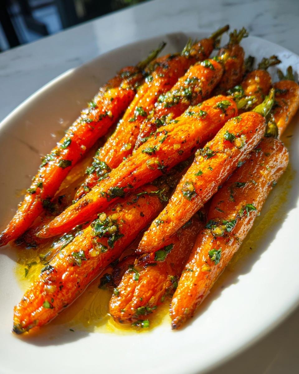 A platter of glazed Honey Garlic Roasted Carrots, garnished with fresh herbs, ready to serve.