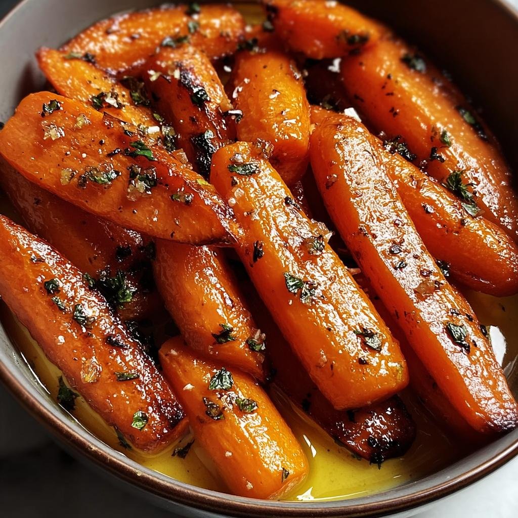 A close-up of glazed Honey Garlic Roasted Carrots in a bowl, garnished with herbs.