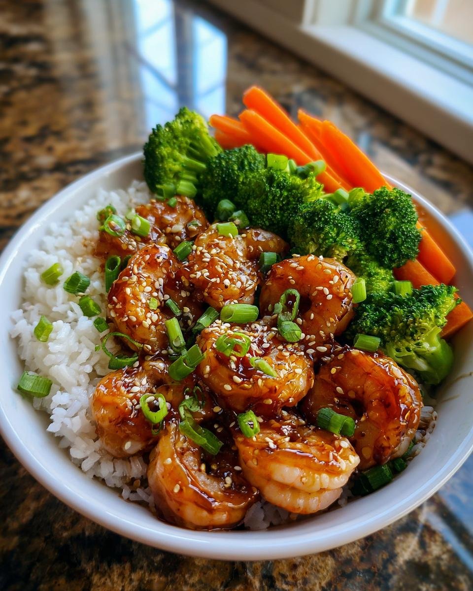 A vibrant Honey Garlic Shrimp Bowl with rice, broccoli, and carrots, topped with sesame seeds and green onions.