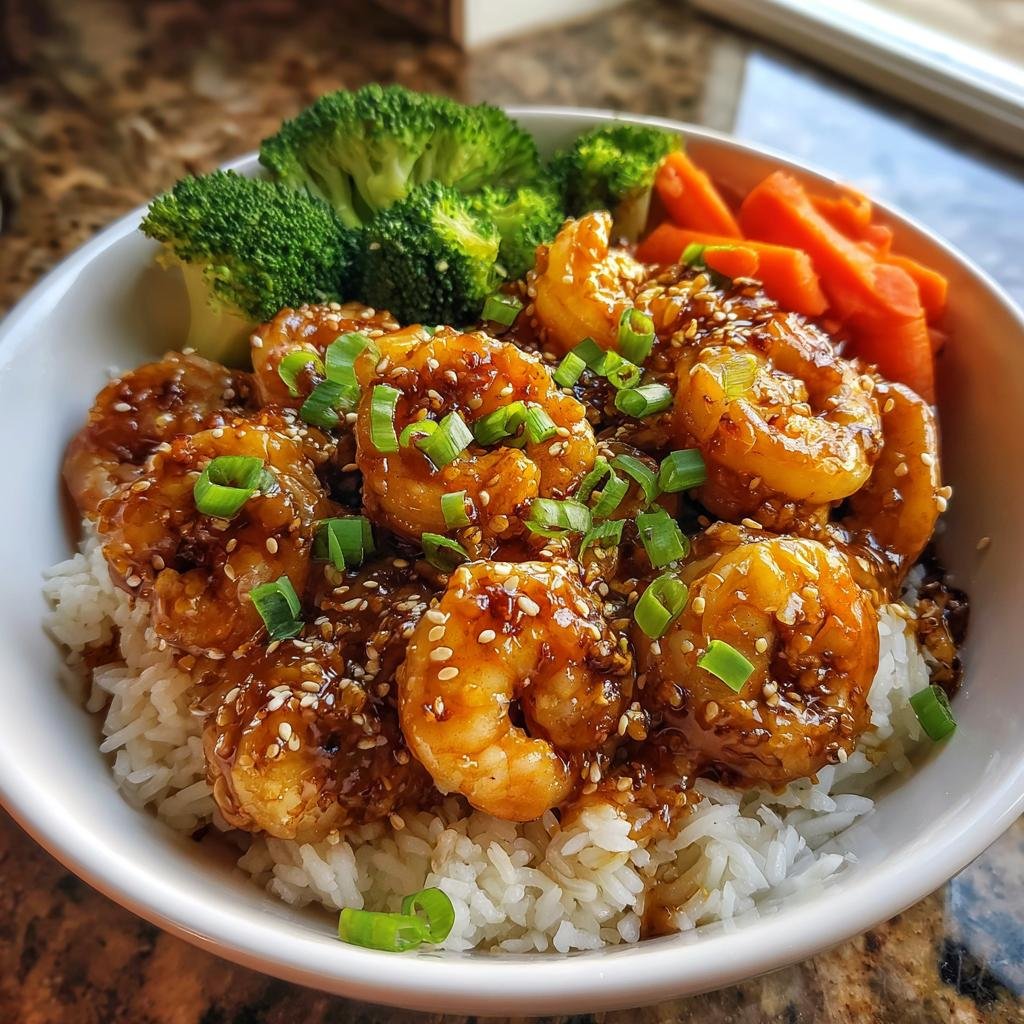A vibrant bowl of Honey Garlic Shrimp Bowls with rice, broccoli, carrots, sesame seeds, and green onions.