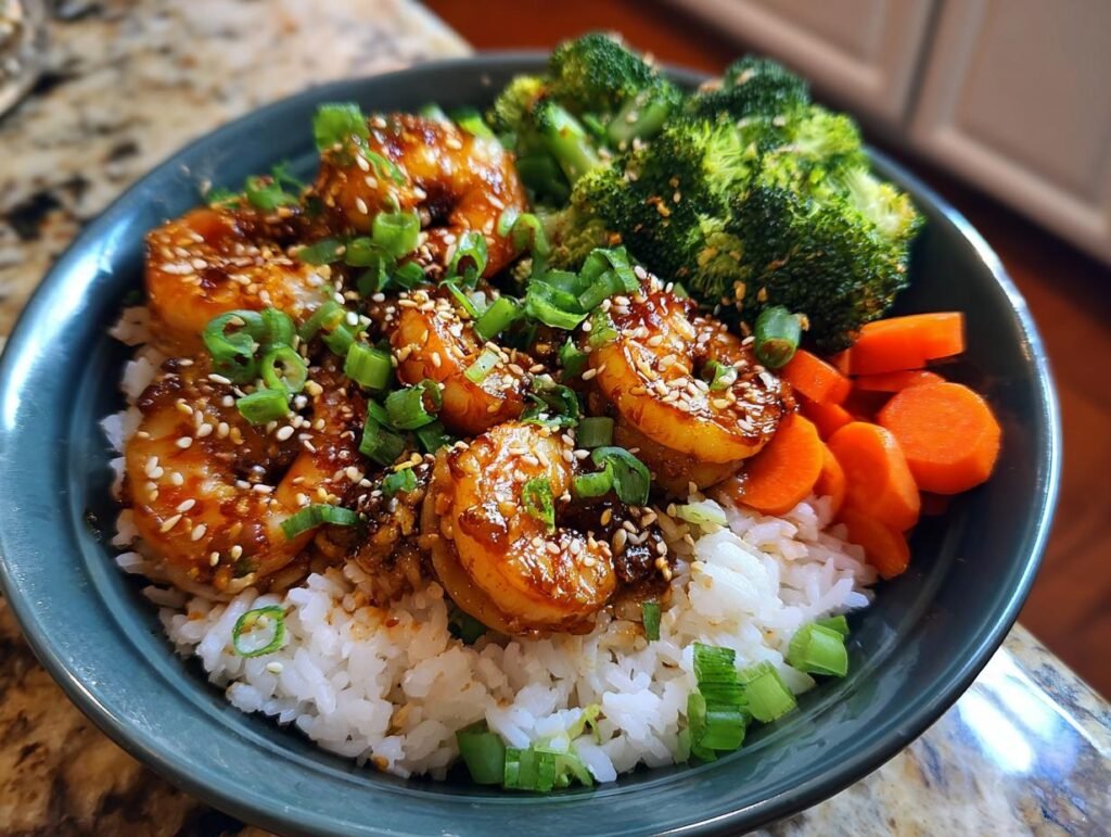 A vibrant Honey Garlic Shrimp Bowls featuring glazed shrimp, rice, broccoli, and carrots, garnished with green onions and sesame seeds.
