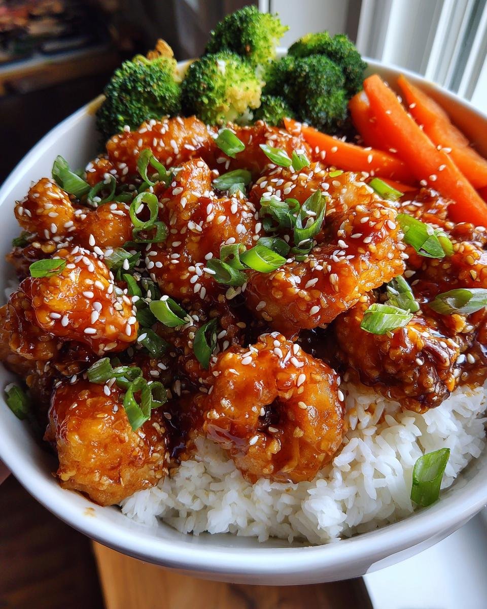 Close-up of Honey Garlic Shrimp Bowls with rice, broccoli, carrots, sesame seeds, and green onions.