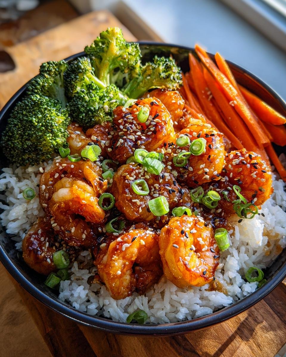 A vibrant bowl of Honey Garlic Shrimp Bowls with rice, broccoli, and carrots, topped with sesame seeds and green onions.