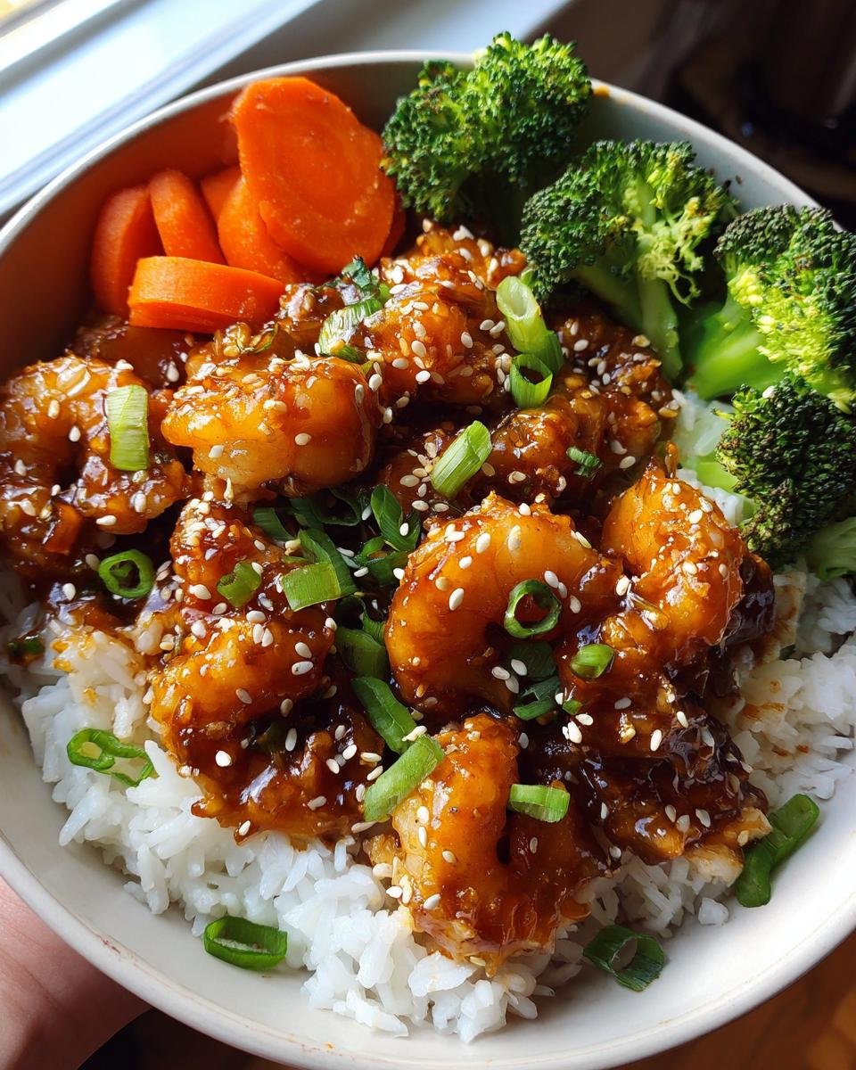 A vibrant bowl of Honey Garlic Shrimp Bowls with rice, broccoli, and carrots.