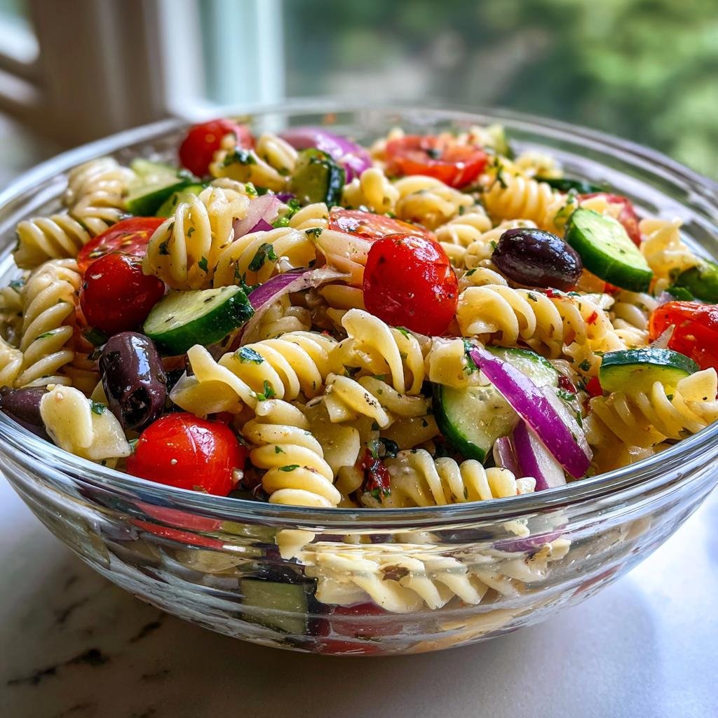 Close-up of vibrant Italian Pasta Salad with rotini, tomatoes, cucumbers, olives, and red onions in a clear bowl.