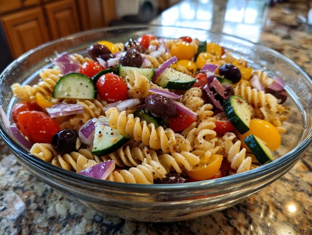Close-up of Italian Pasta Salad with rotini pasta, tomatoes, cucumbers, red onions, and olives in a glass bowl.
