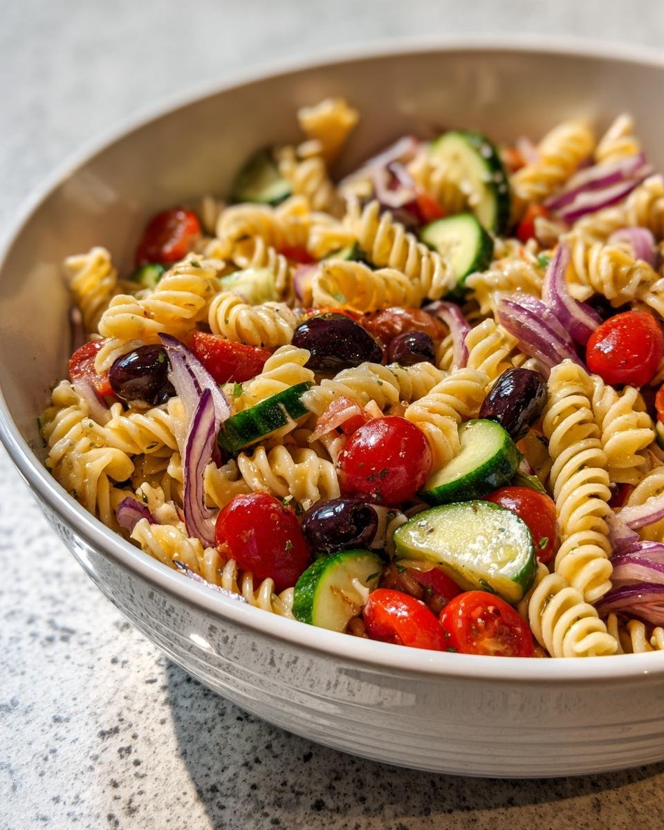 Bowl of vibrant Italian Pasta Salad with rotini pasta, tomatoes, cucumbers, olives, and red onion.