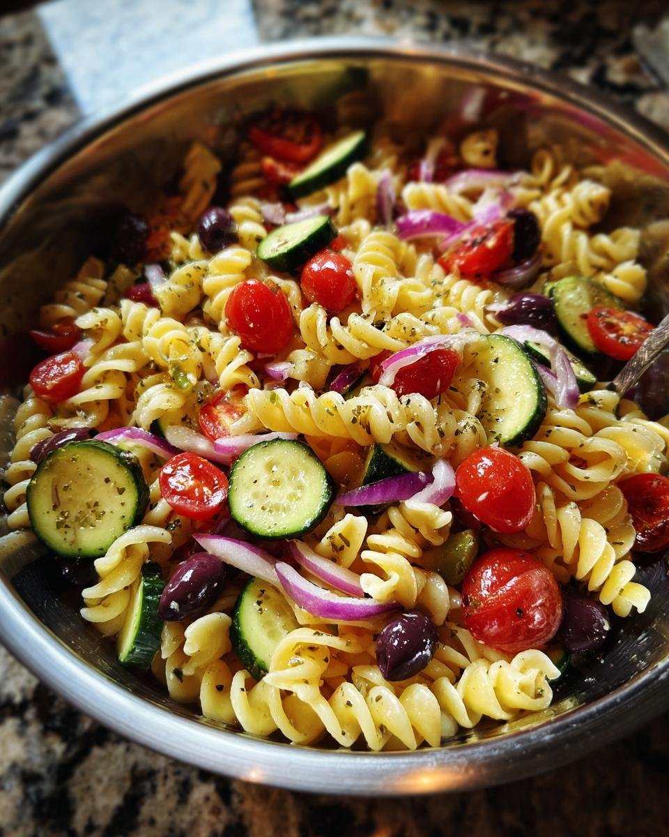A vibrant bowl of Italian Pasta Salad with rotini pasta, tomatoes, zucchini, red onion, and olives.