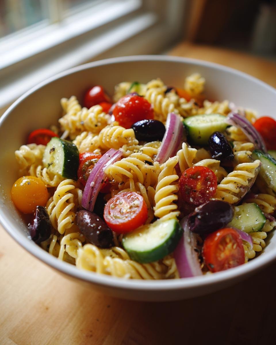 Close-up of a vibrant Italian Pasta Salad with rotini pasta, tomatoes, cucumbers, olives, and red onion.