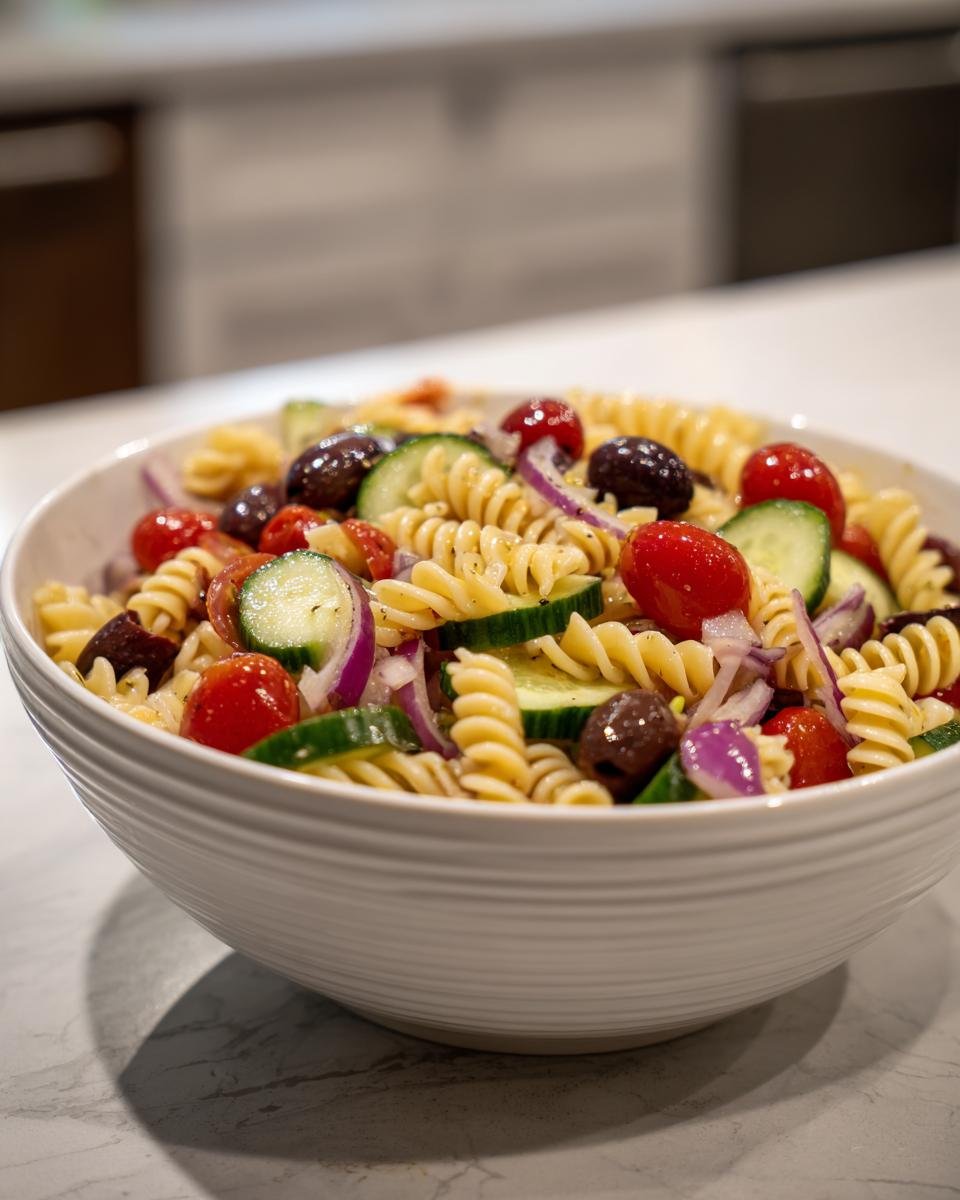 Close-up of a bowl of Italian Pasta Salad with rotini pasta, tomatoes, cucumbers, olives, and red onion.