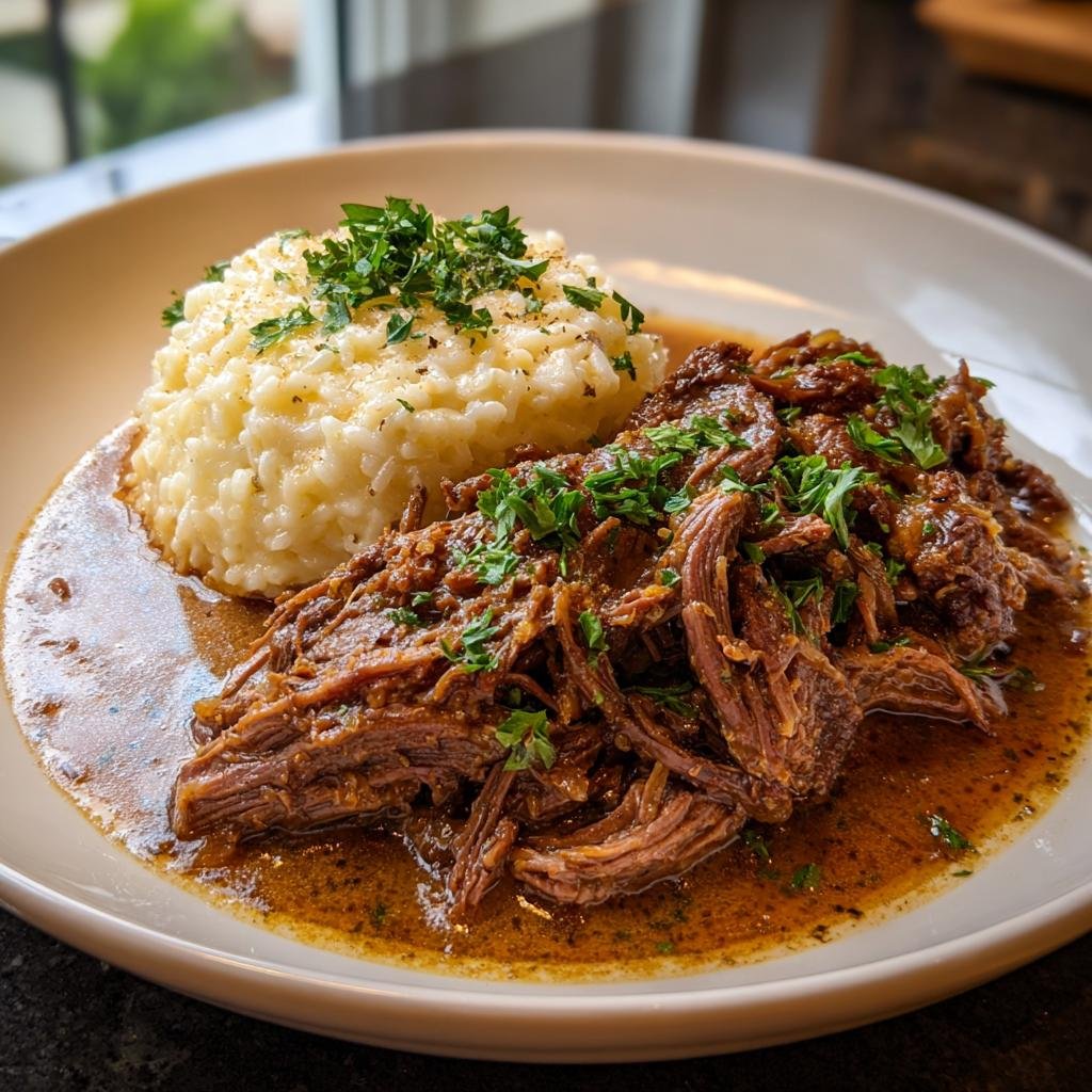 A plate of Italian Pot Roast & Parmesan Risotto, garnished with fresh parsley.