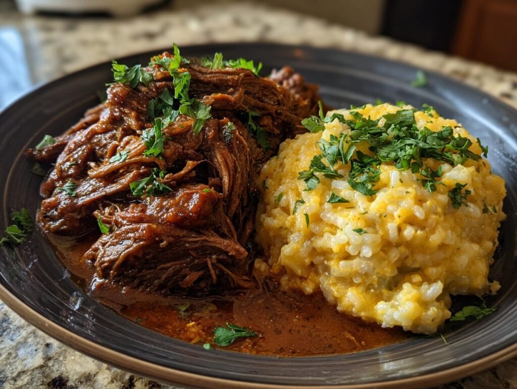 A plate of Italian Pot Roast and Parmesan Risotto, garnished with fresh parsley.