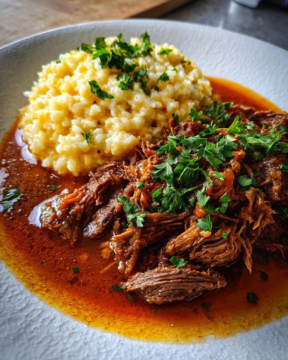 A serving of Italian Pot Roast with Parmesan Risotto, garnished with fresh parsley.