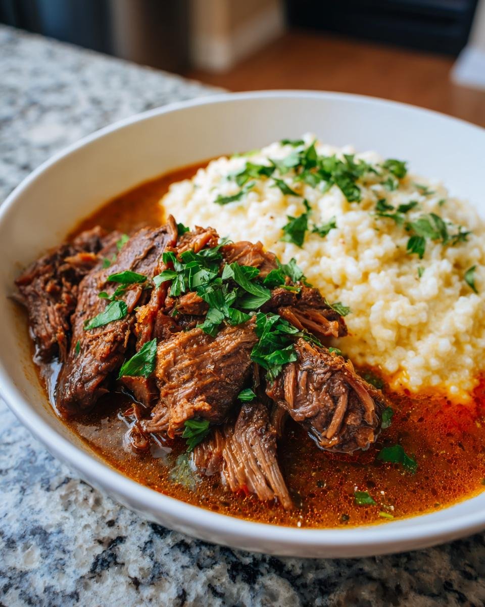 A bowl of Italian Pot Roast with Parmesan Risotto, garnished with fresh parsley.