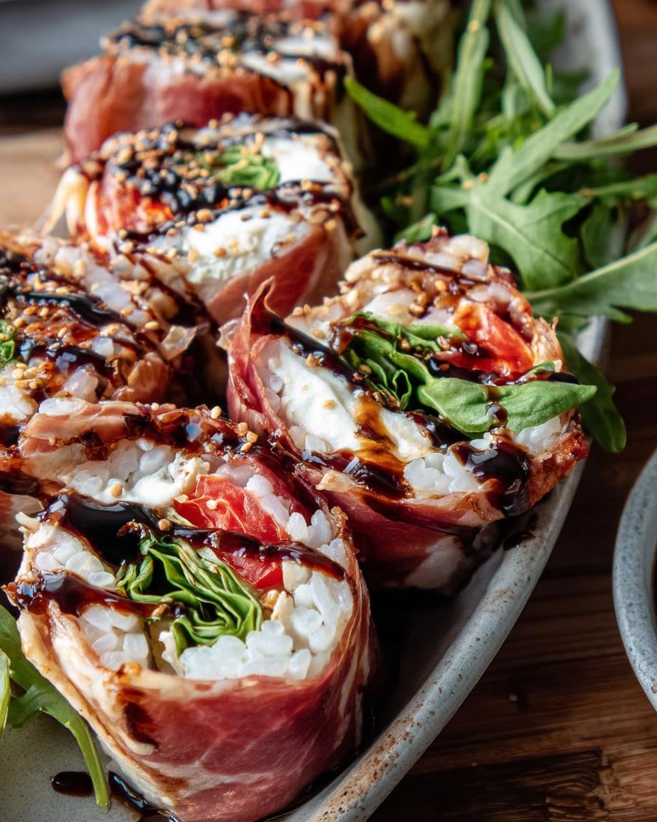 Close-up of Italian Sushi rolls wrapped in prosciutto, filled with rice, mozzarella, tomato, and basil, drizzled with balsamic glaze.