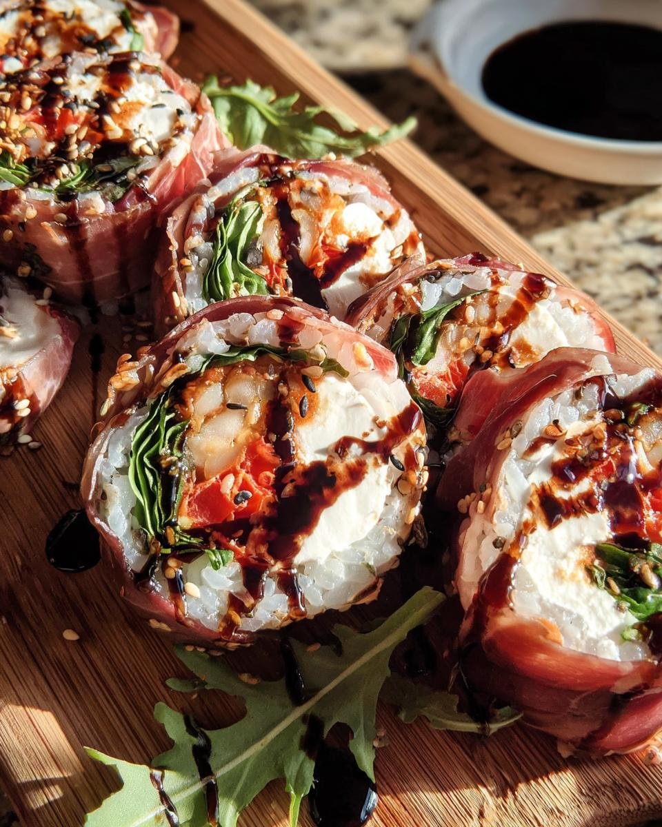Close-up of Italian Sushi rolls wrapped in prosciutto, drizzled with balsamic glaze and sesame seeds, served on a wooden board.