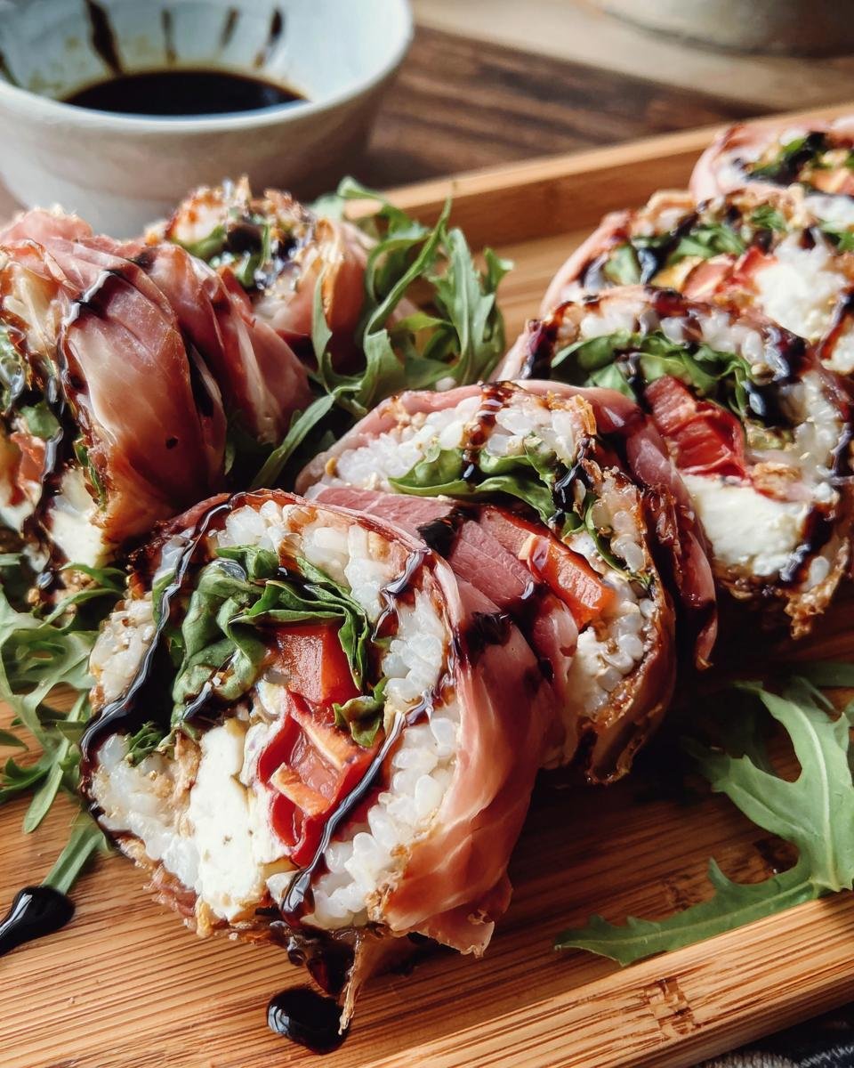 Close-up of Italian Sushi rolls featuring prosciutto, rice, mozzarella, arugula, and balsamic glaze.