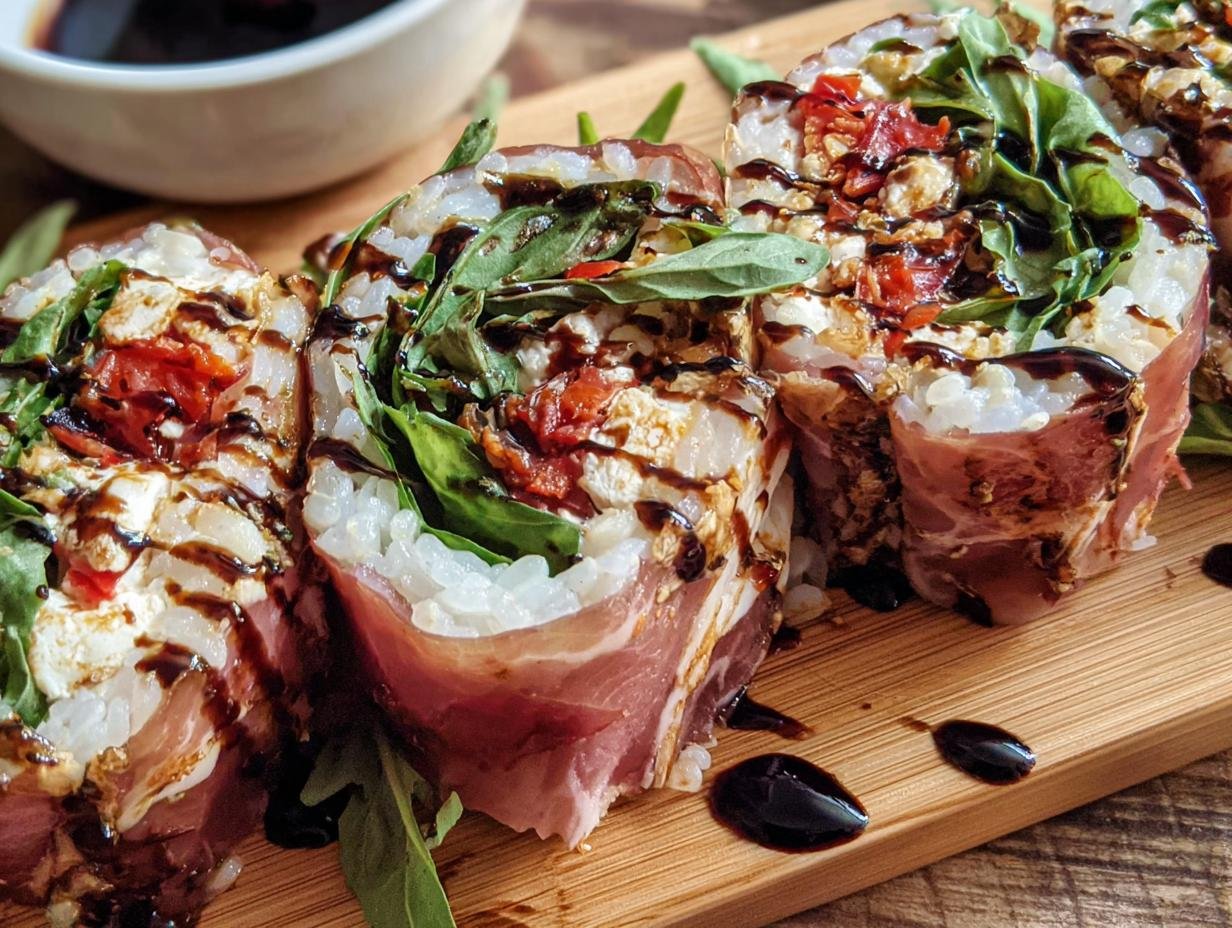Close-up of Italian Sushi rolls wrapped in prosciutto, filled with rice, basil, and sun-dried tomatoes, drizzled with balsamic glaze.