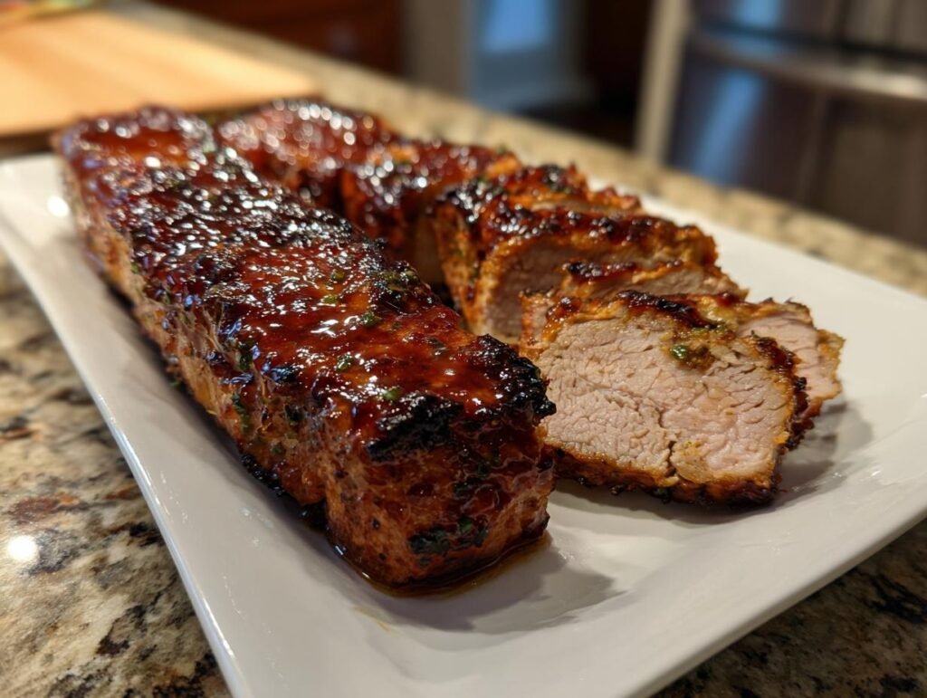 A beautifully glazed Jalapeno Glazed Pork Tenderloin, sliced and ready to serve on a white plate.