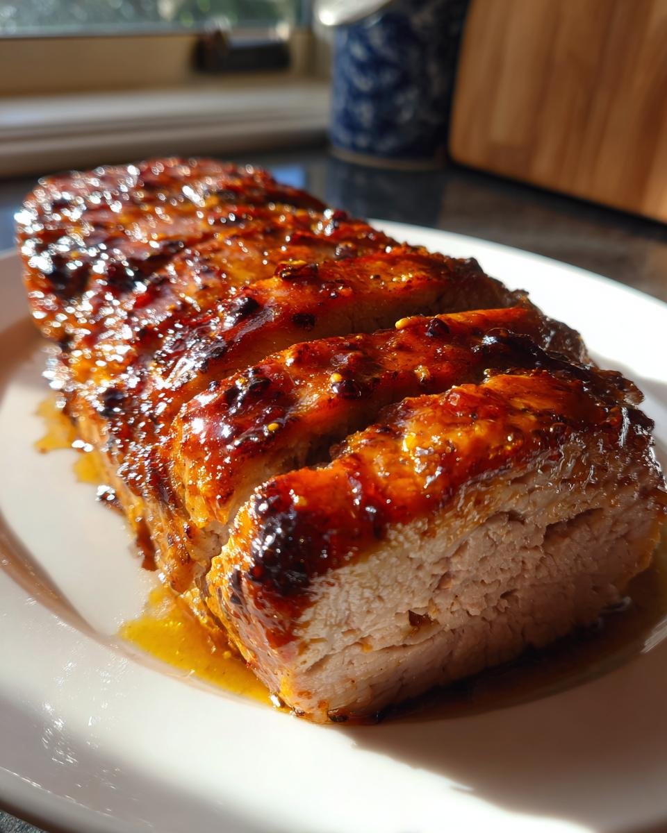 Close-up of sliced Jalapeno Glazed Pork Tenderloin on a white plate, showing the glaze and juicy interior.