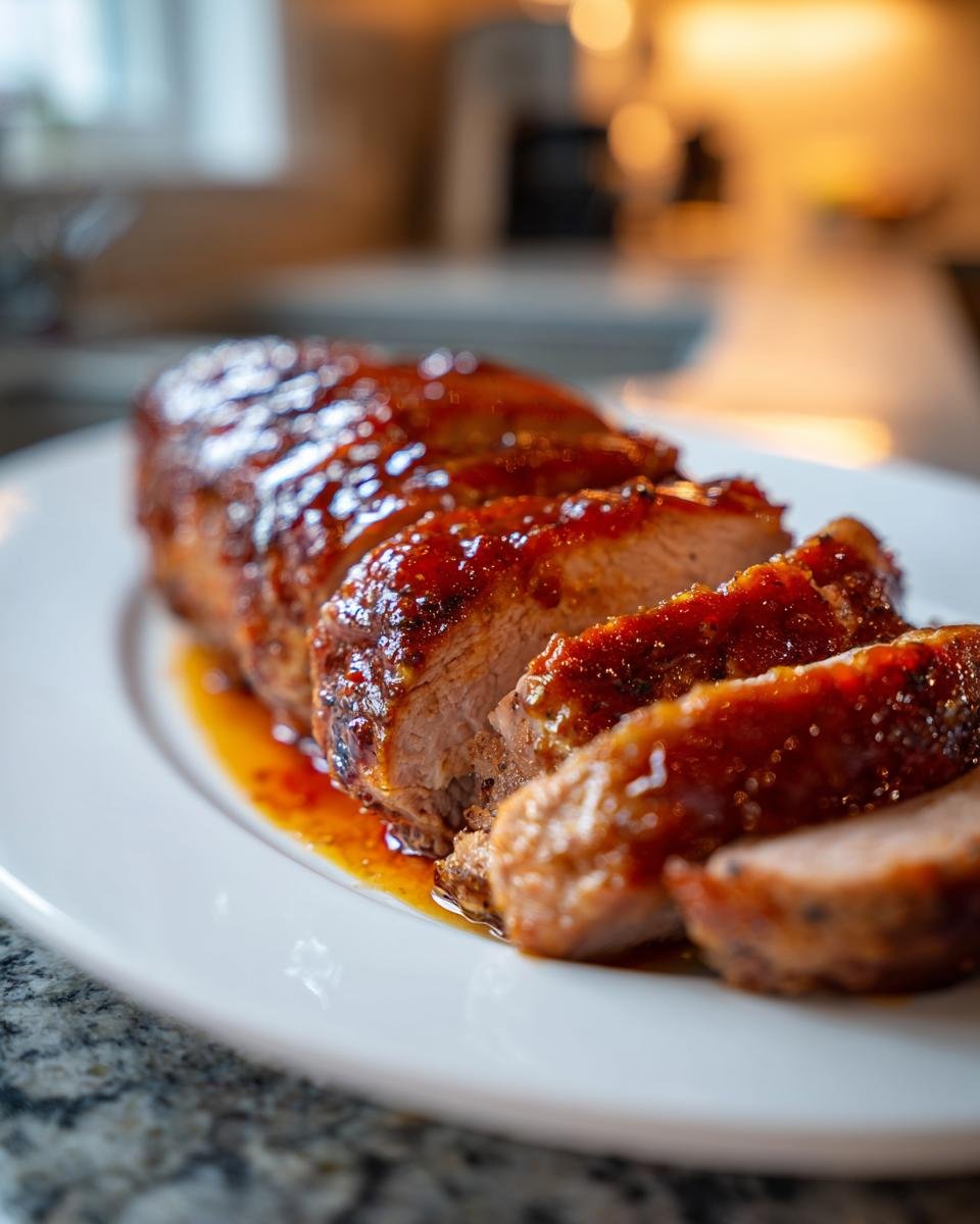 Delicious sliced Jalapeno Glazed Pork Tenderloin on a white plate, ready to serve.
