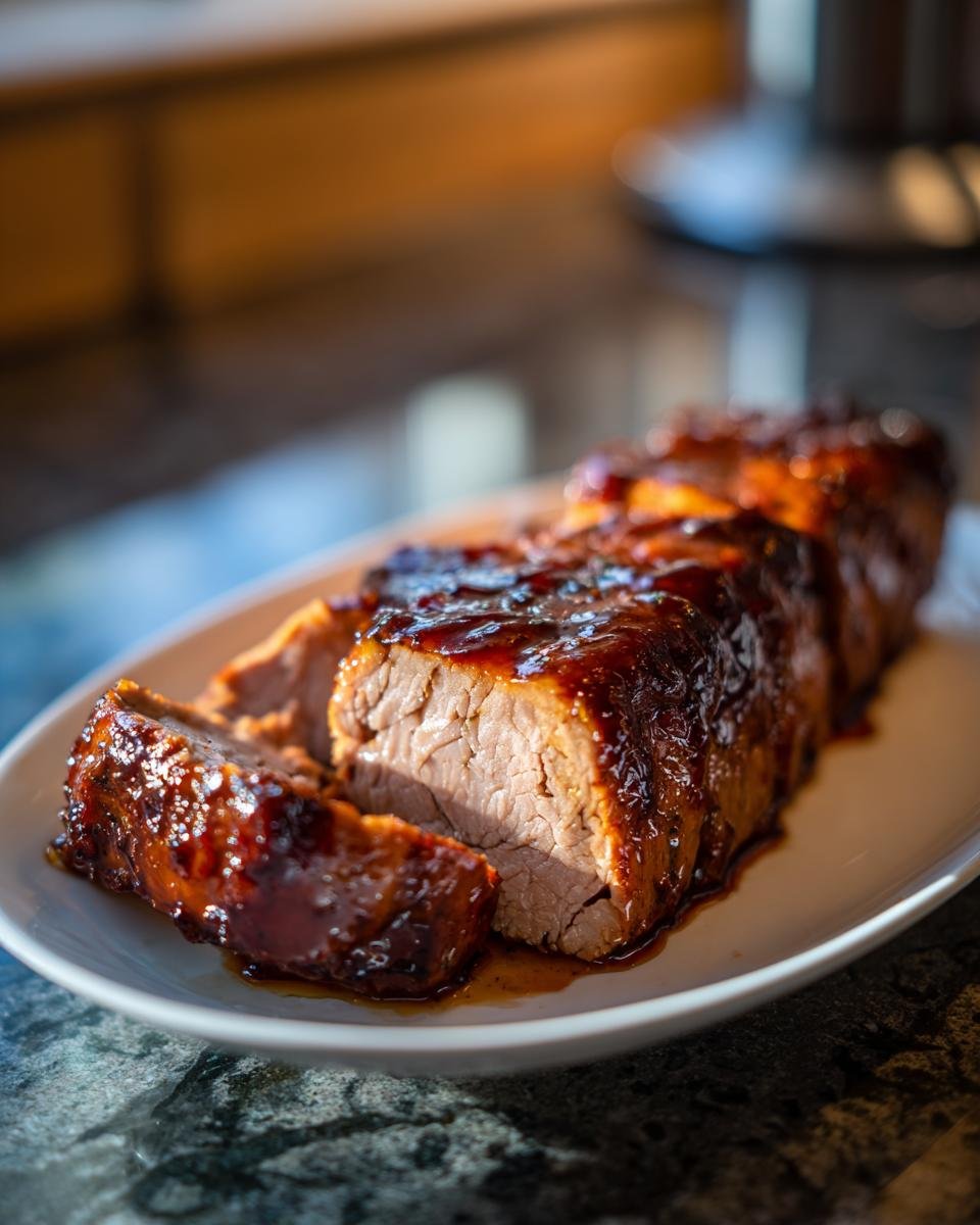 Juicy Jalapeno Glazed Pork Tenderloin sliced on a white plate, showing the glaze and tender meat.