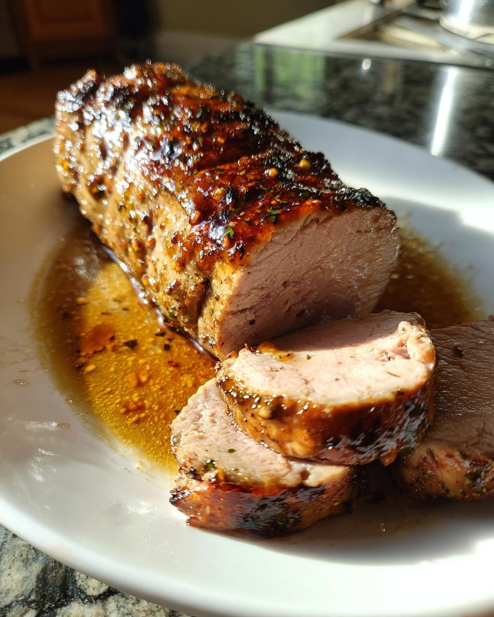 Juicy Jalapeno Glazed Pork Tenderloin sliced on a white plate with a glistening glaze.