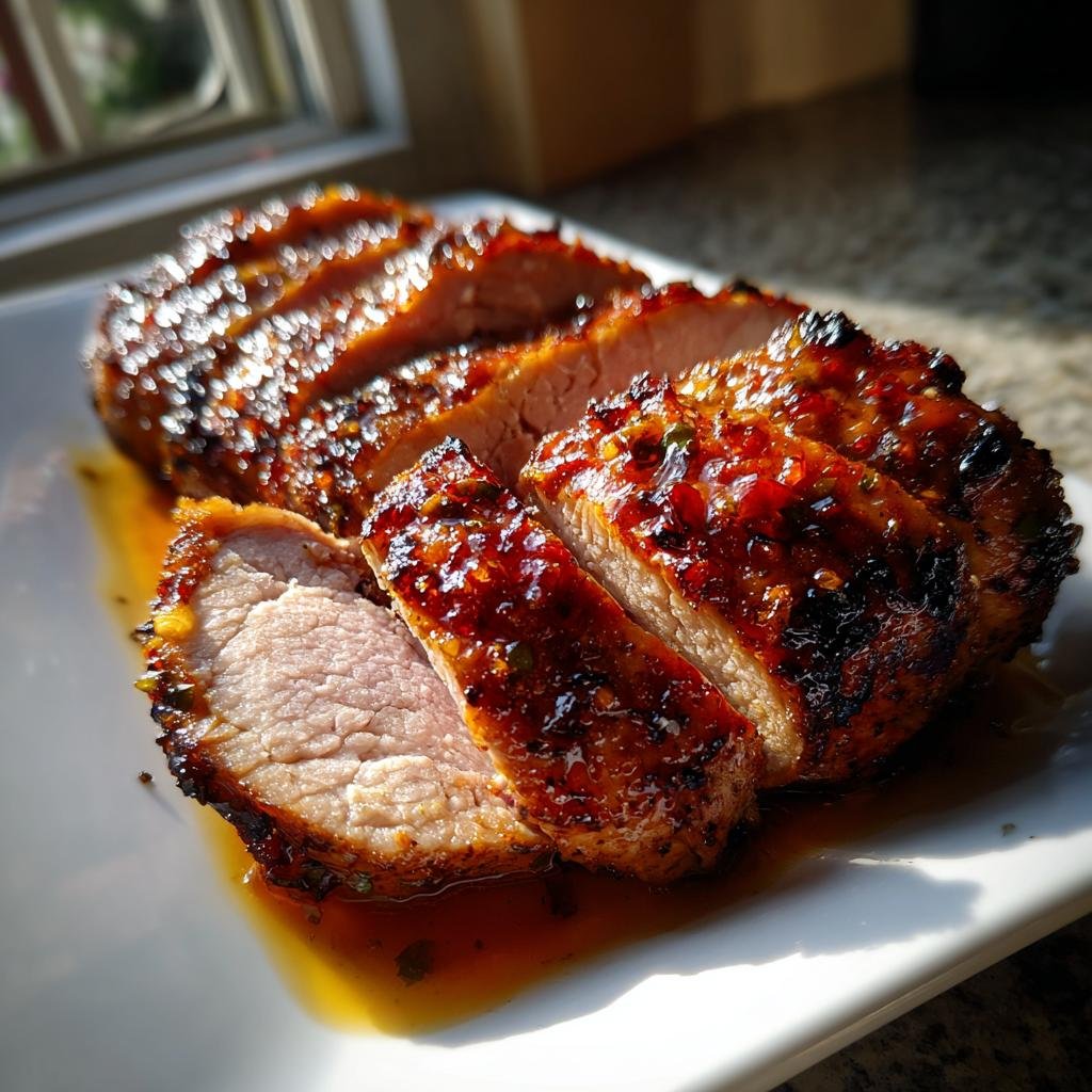 Delicious sliced Jalapeno Glazed Pork Tenderloin on a white plate, glistening with glaze.