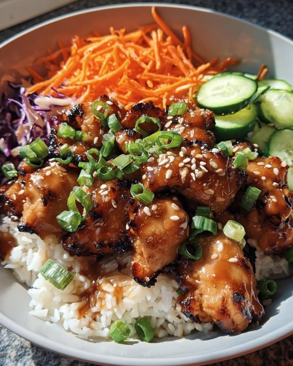 A vibrant Korean BBQ Chicken Bowl with glazed chicken, rice, carrots, cucumbers, and cabbage.