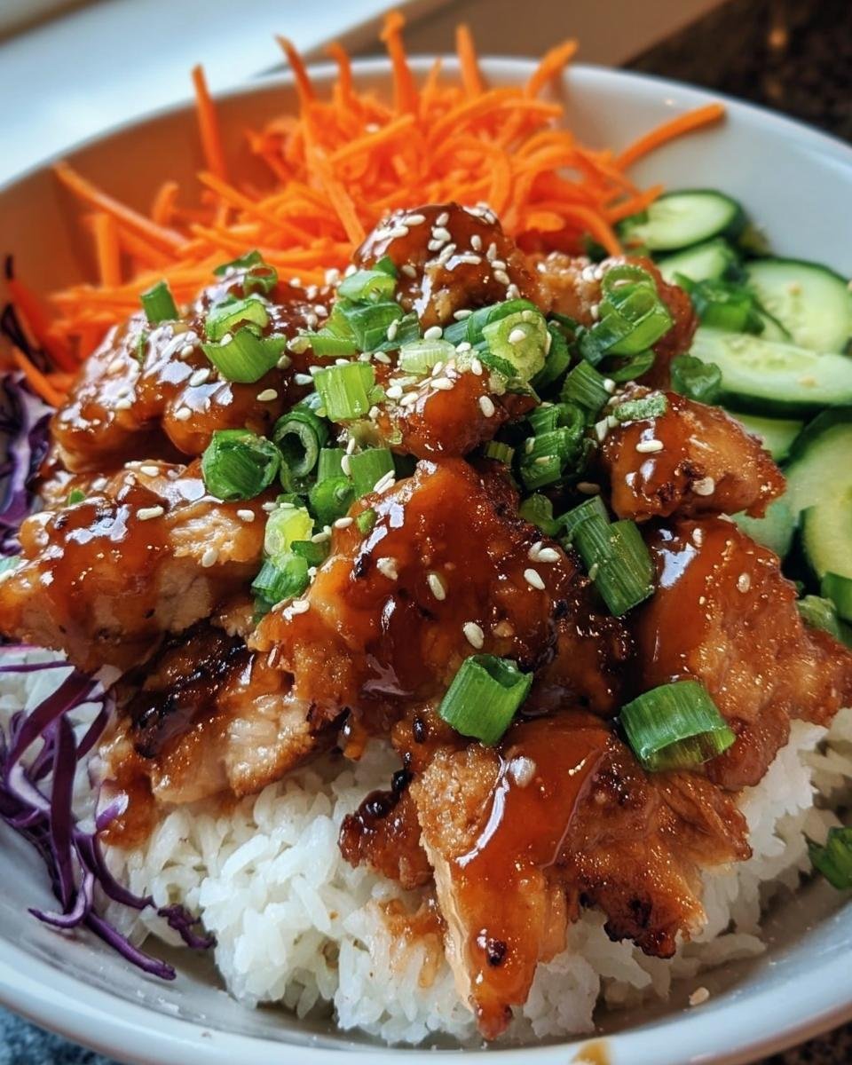 A vibrant Korean BBQ Chicken Bowl with glazed chicken, rice, carrots, cucumbers, and green onions.