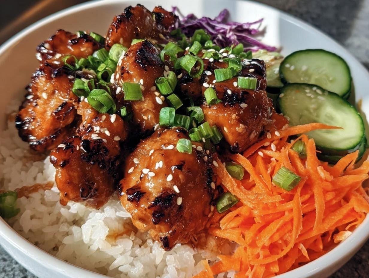 A vibrant Korean BBQ Chicken Bowl with glazed chicken, rice, carrots, cucumbers, and cabbage.