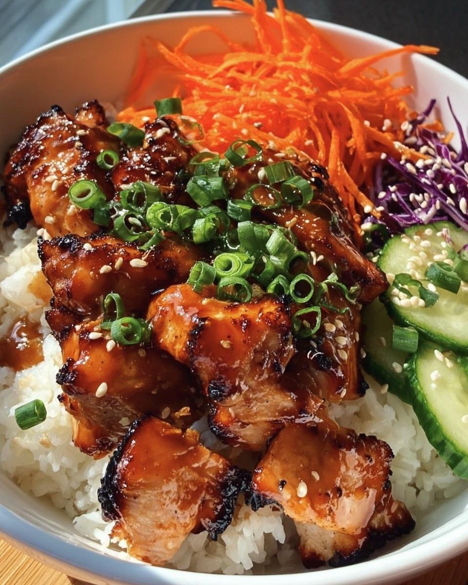 Close-up of Korean BBQ Chicken Bowls with rice, carrots, cabbage, cucumber, and green onions.