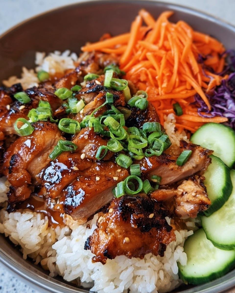 Close-up of a Korean BBQ Chicken Bowl with rice, glazed chicken, carrots, cucumber, and cabbage.