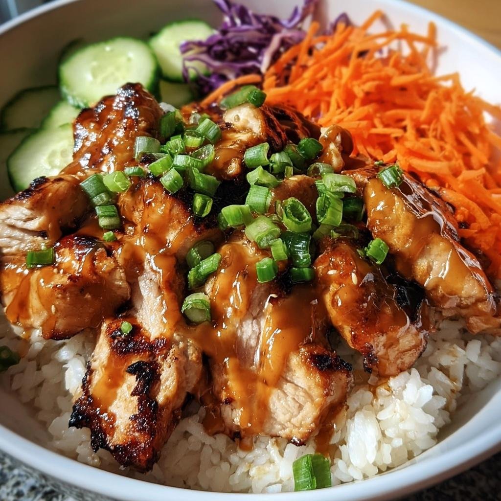 Delicious Korean BBQ Chicken Bowls with rice, glazed chicken, carrots, cucumber, and cabbage.