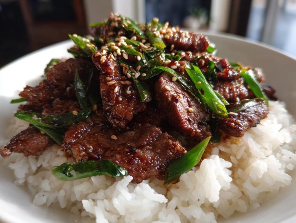 A delicious bowl of Korean BBQ Steak Rice topped with green onions and sesame seeds.