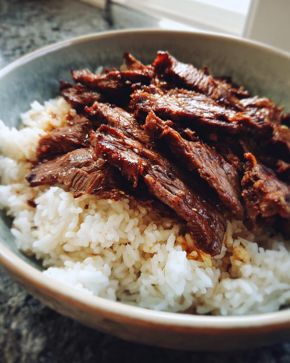 A bowl of Korean BBQ Steak Rice featuring sliced steak over a bed of white rice.
