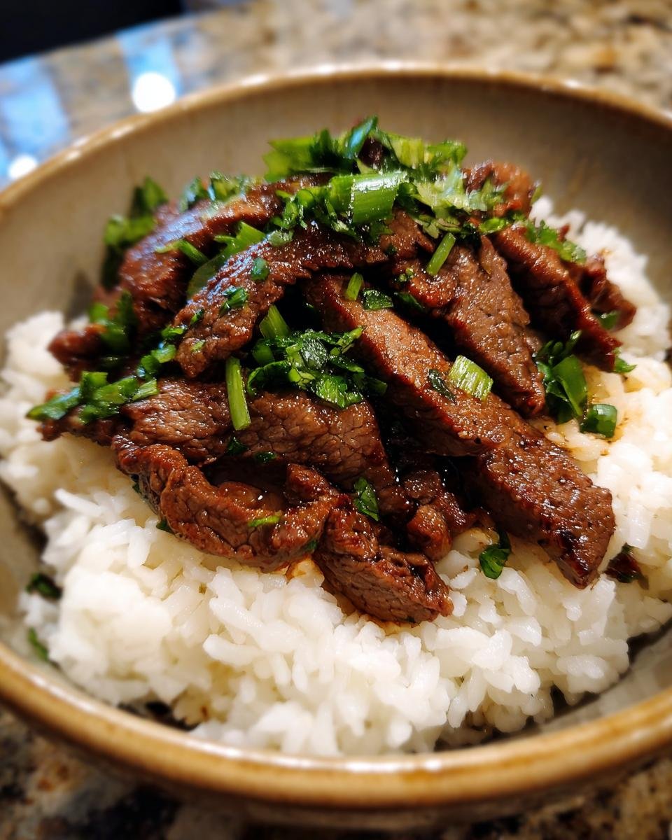 Close-up of a Korean BBQ Steak Rice bowl, featuring sliced steak, rice, and green onion garnish.