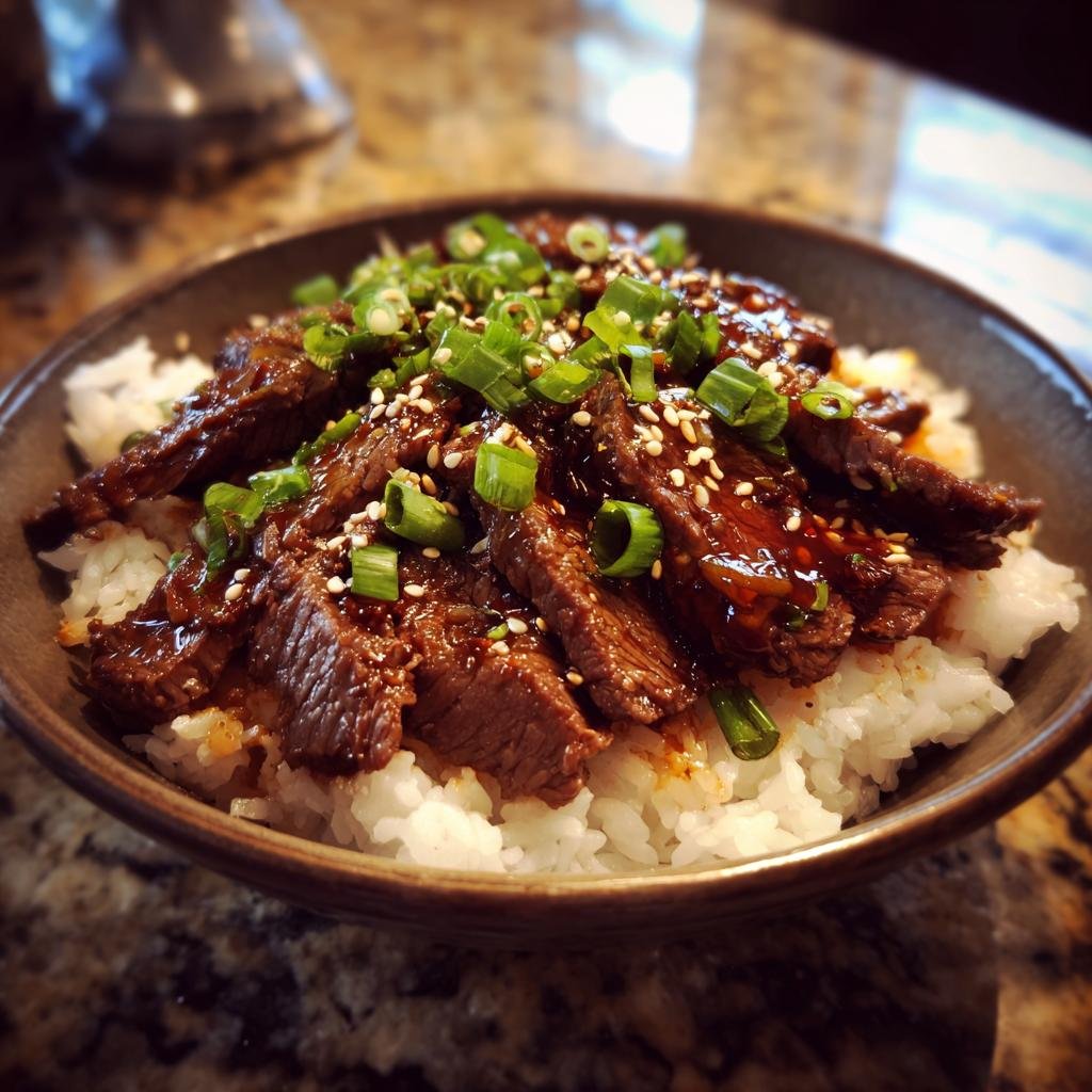 A delicious bowl of Korean BBQ Steak Rice topped with green onions and sesame seeds.